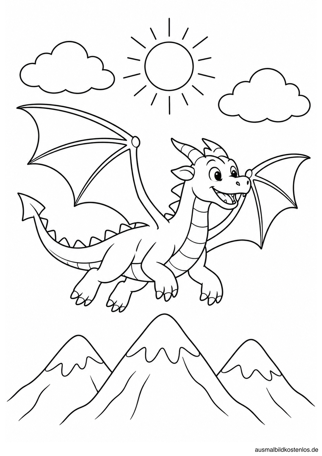 Ein junger Drache fliegt über drei Berggipfel; zwei Wolken und die Sonne begleiten ihn.