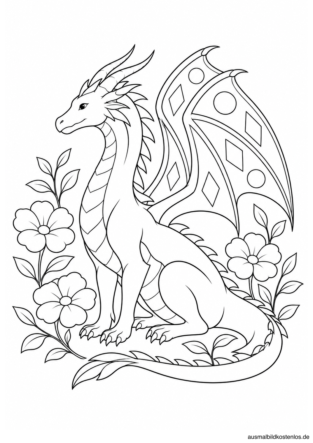 Ein Drache sitzt im Seitenprofil zwischen großen Blüten und gebogenen Zweigen; geometrische Muster gliedern seine Flügel.