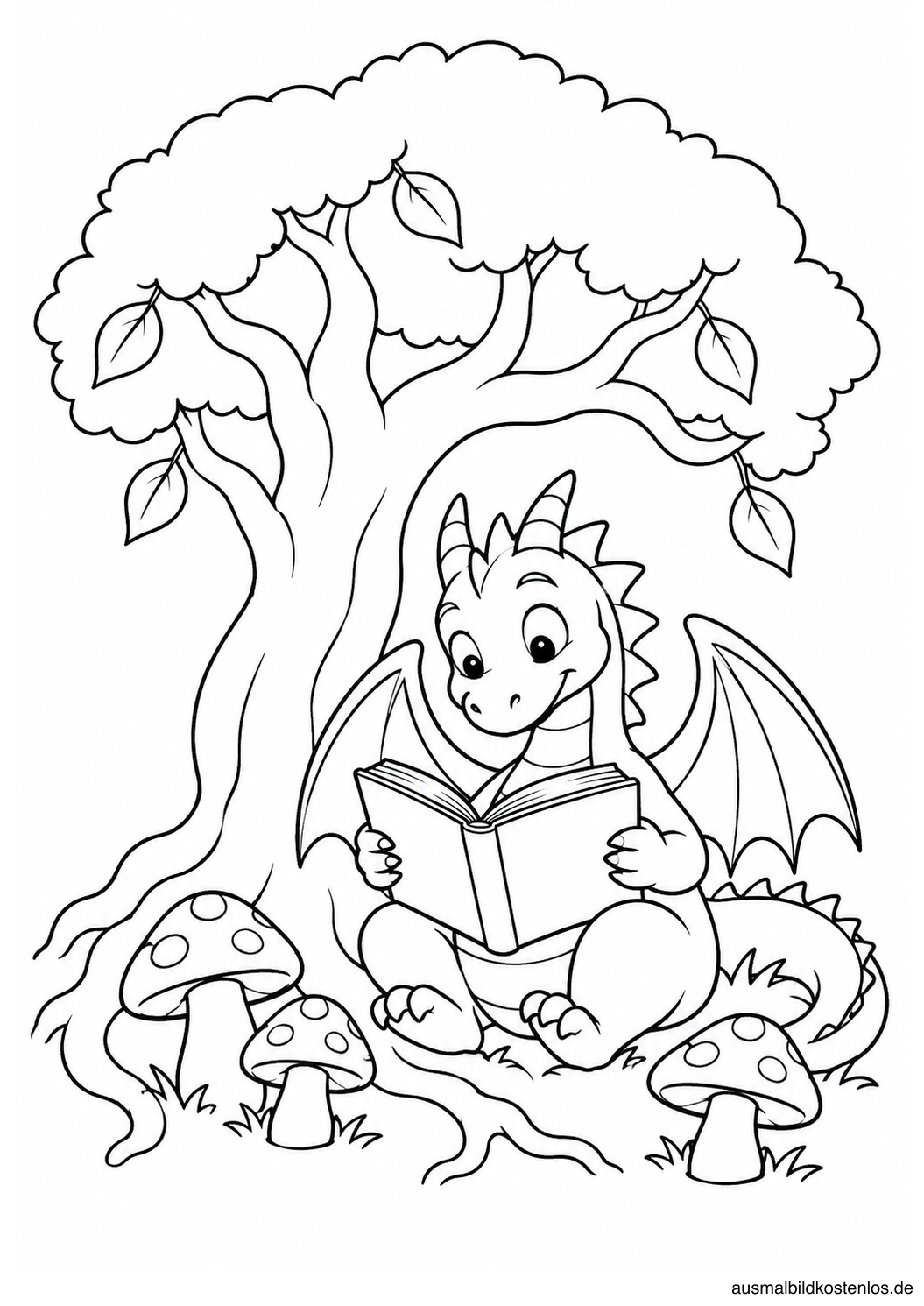 Ein Drache liest unter einem knorrigen Baum in einem offenen Zauberbuch, umgeben von Pilzen und Wurzeln.