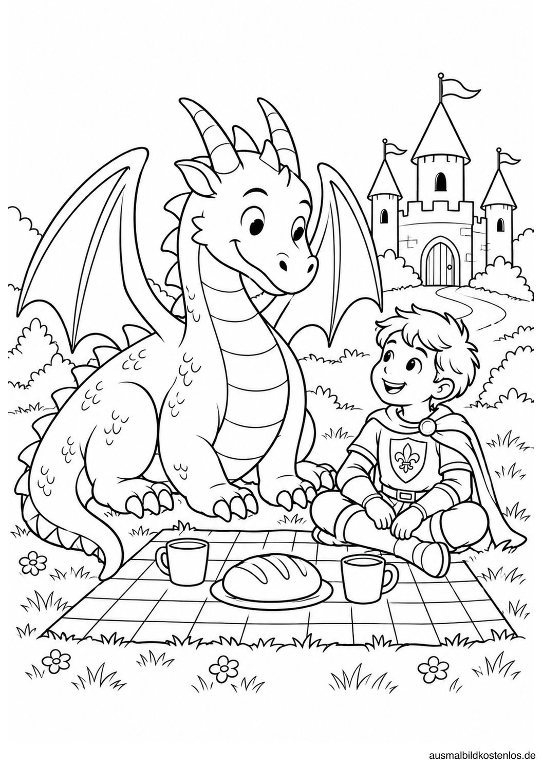 Ein freundlicher Drache und ein Ritter ohne Helm machen vor einer Burg Picknick mit Brot und zwei Bechern.