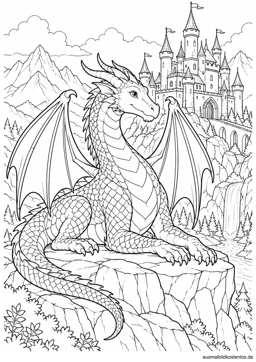 Ein großer Drache ruht auf einem Felsvorsprung vor einer Bergburg mit gemauerten Türmen.