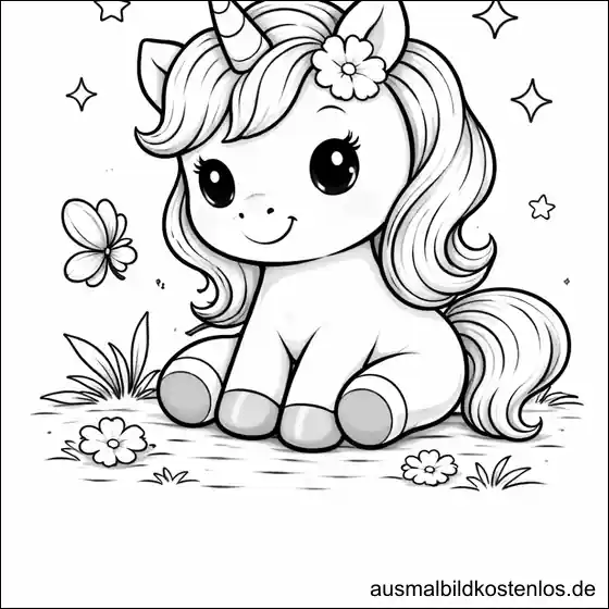 Ausmalbild Einhorn Blüte Schmetterling Sterne gratis
