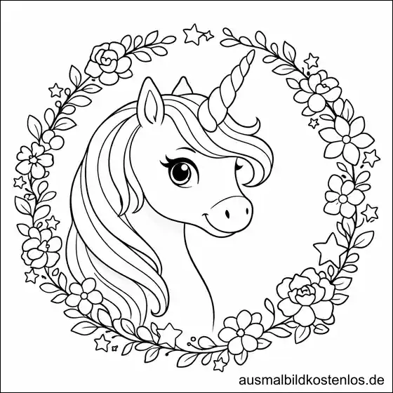 Einhorn mit Blumenkranz - gratis Ausmalbild