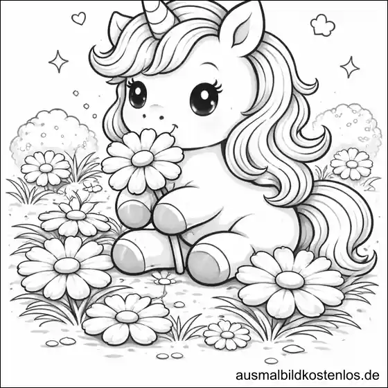 Einhorn auf der Blumenwiese – kostenlose Malvorlage