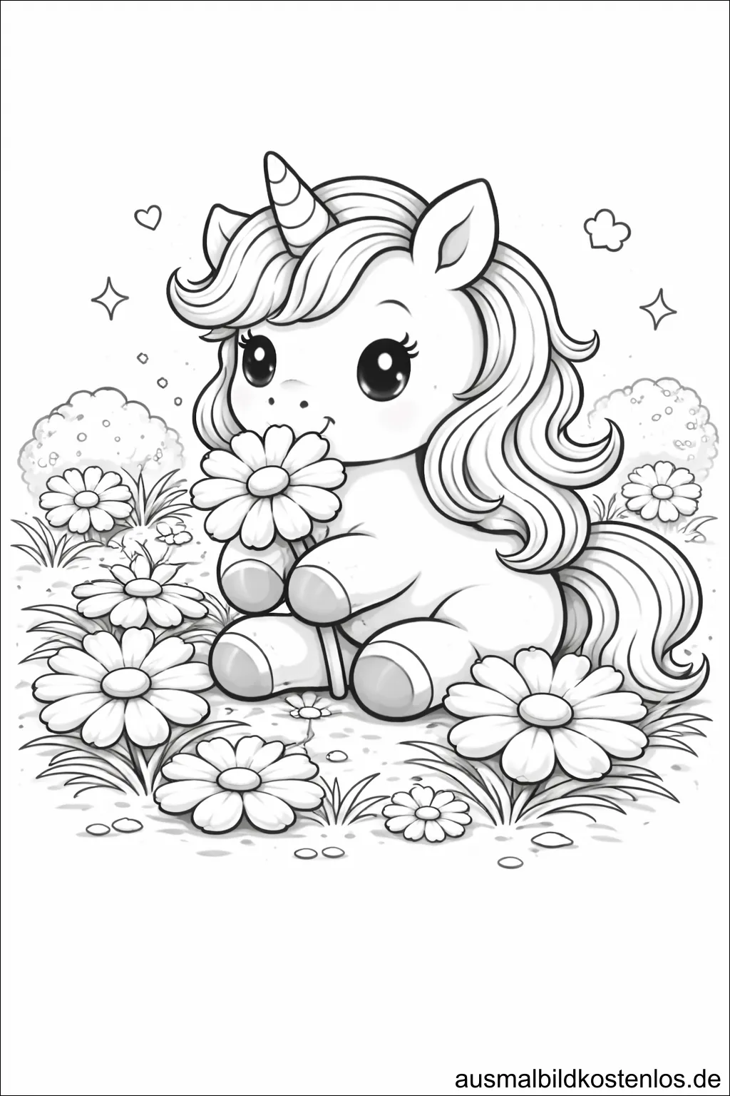Einhorn auf der Blumenwiese – kostenlose Malvorlage