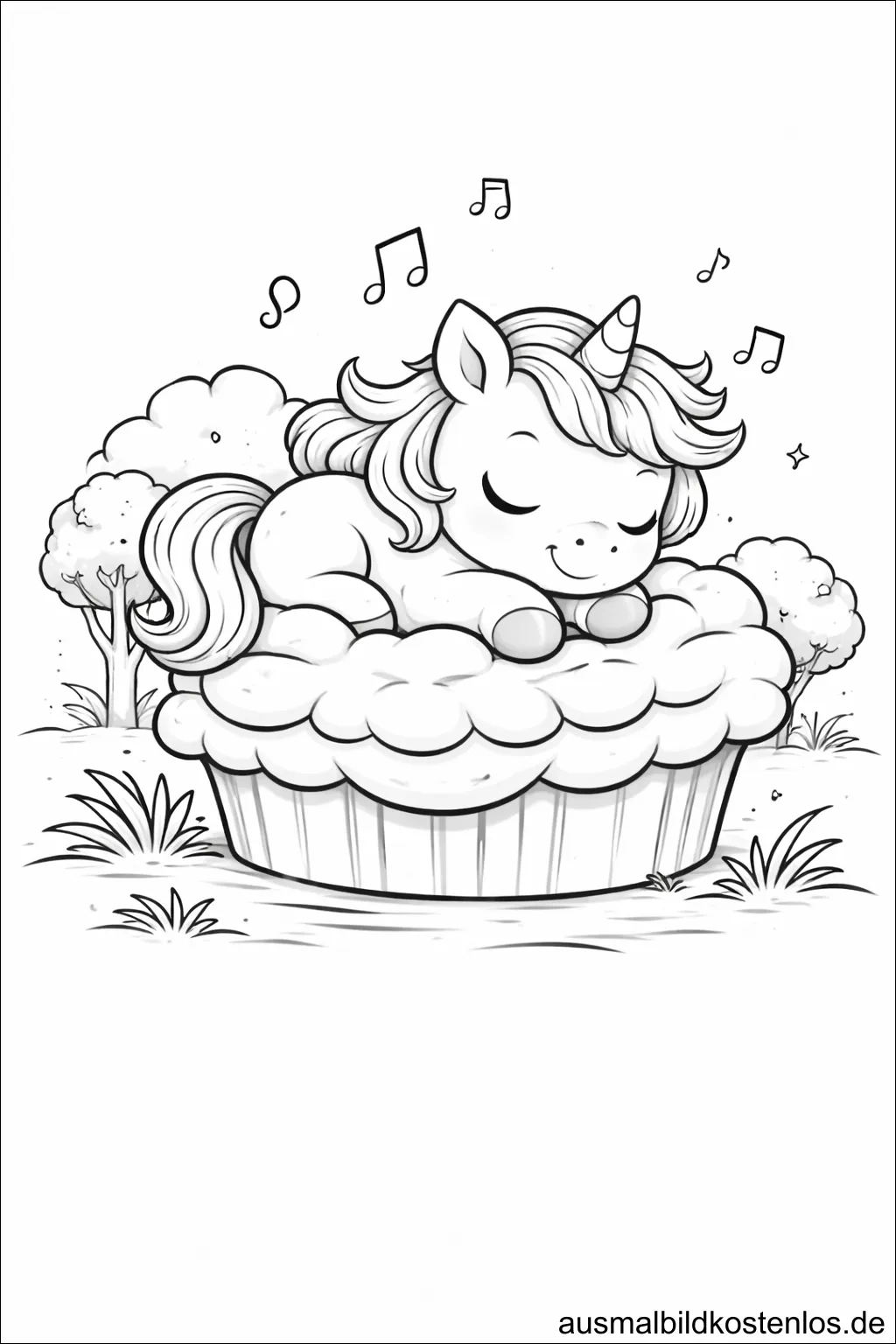 Ausmalbild Einhorn Cupcake Musik kostenlos