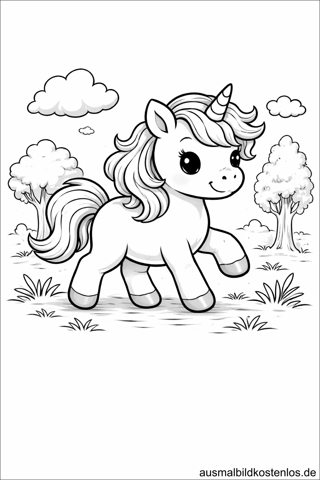 Gratis Ausmalbild Einhorn Frühlingswiese Wolken