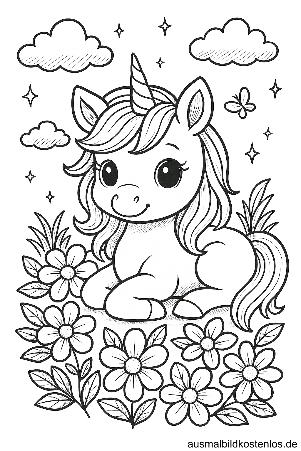 Einhorn mit Blumen Ausmalbild