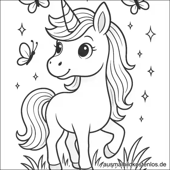 Einhorn Ausmalbild mit Schmetterlingen