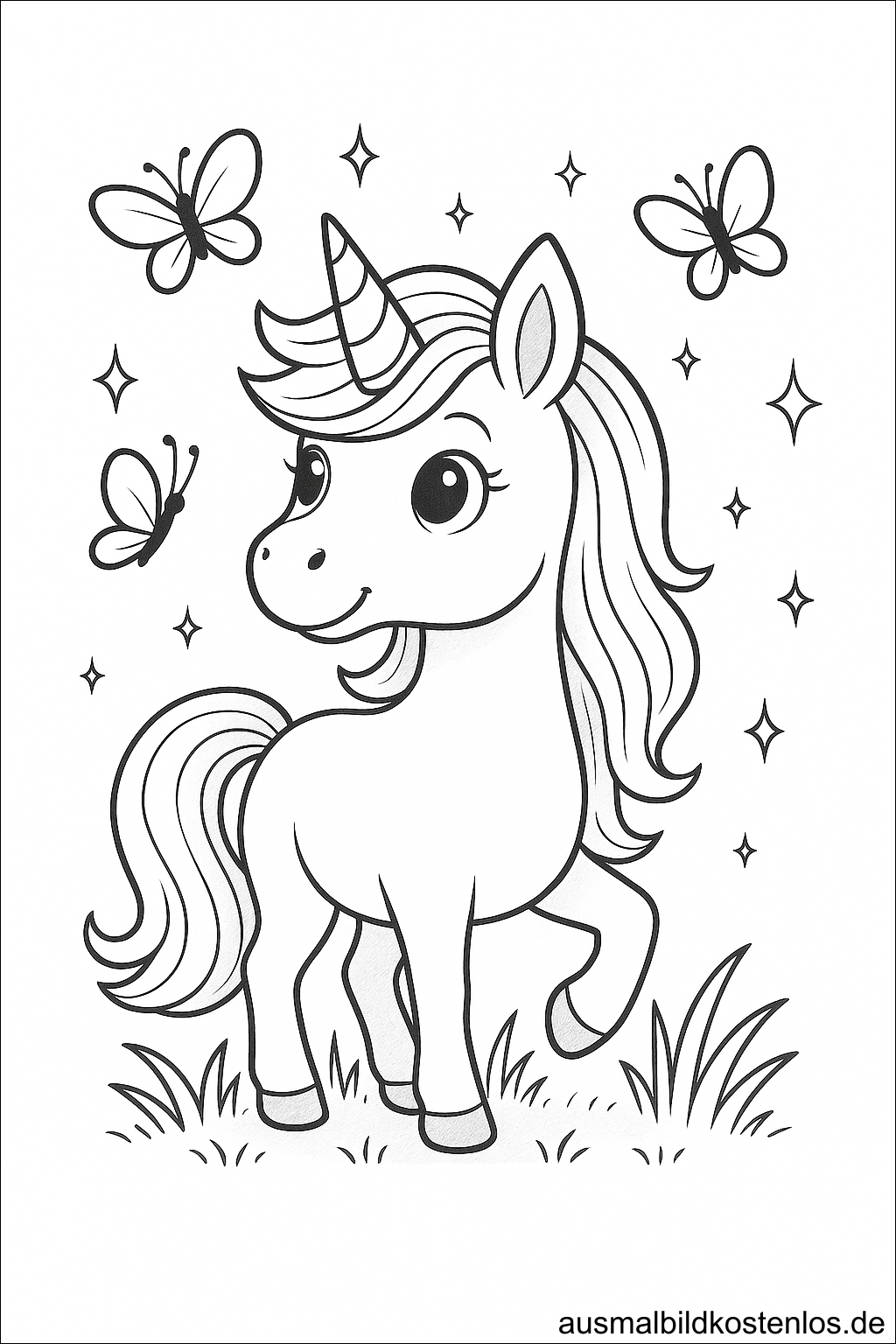Einhorn Ausmalbild mit Schmetterlingen