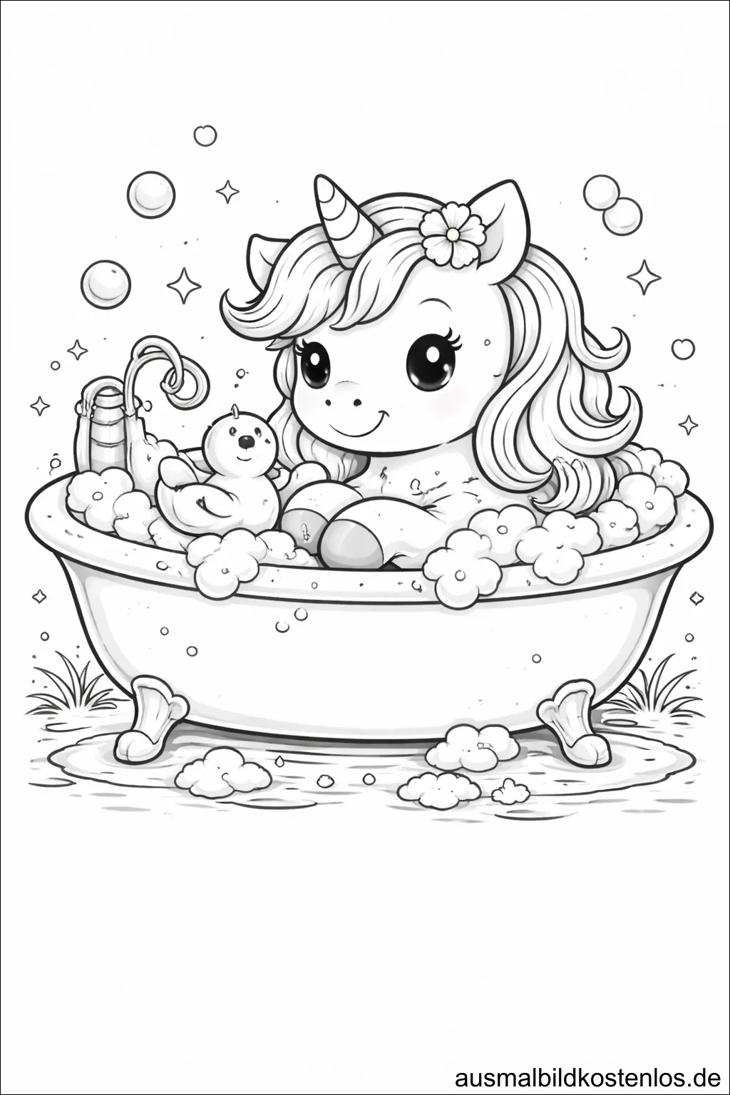 Einhorn in der Badewanne – gratis Ausmalbild