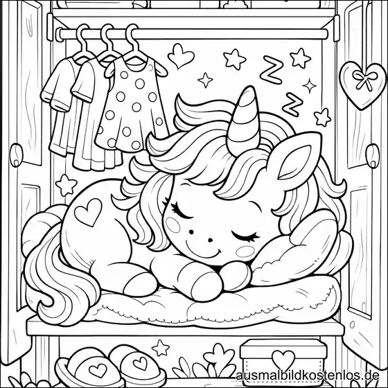 Schlafendes Einhorn im Kleiderschrank - kostenlose Malvorlage