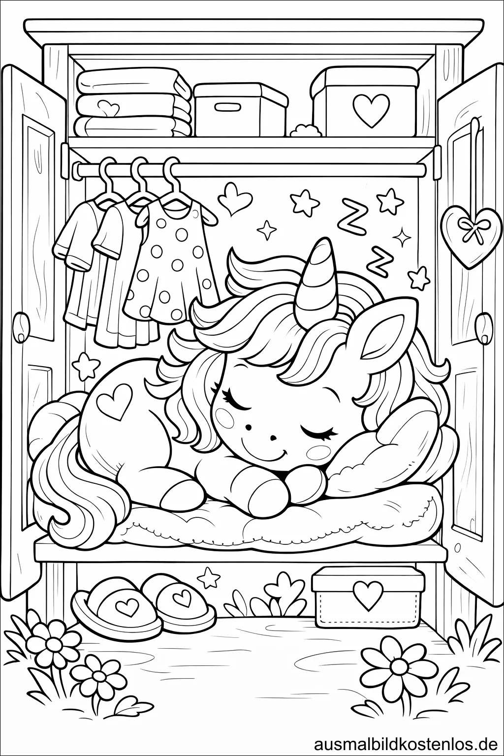 Schlafendes Einhorn im Kleiderschrank - kostenlose Malvorlage