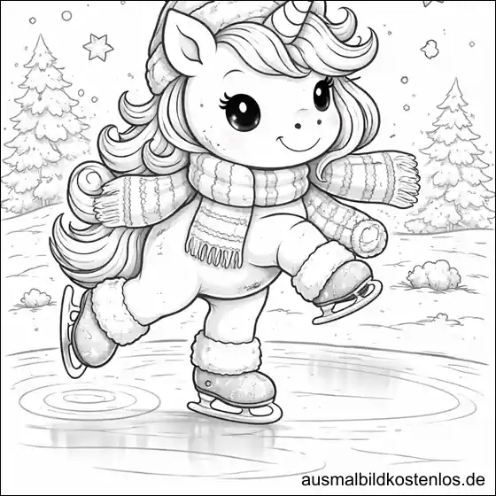 Einhorn beim Schlittschuhlaufen – kostenlose Malvorlage