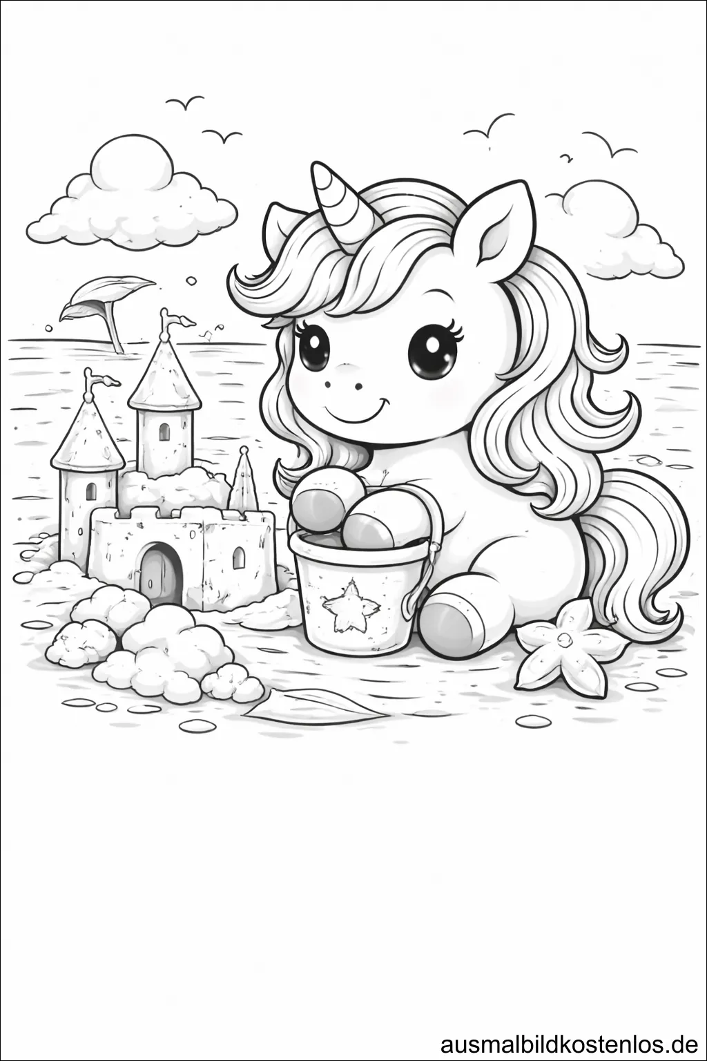 Einhorn baut Sandburg – gratis Ausmalbild