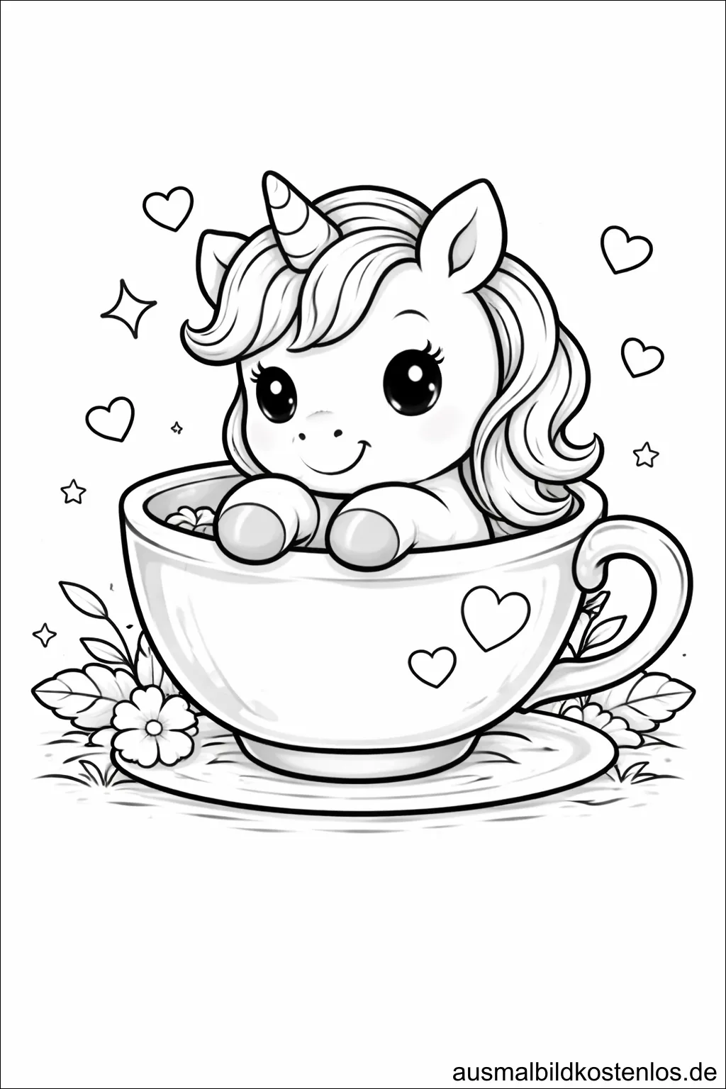Ausmalbild Einhorn Teetasse Herzen kostenlos