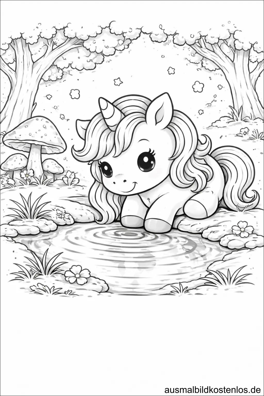 Einhorn am Waldteich – kostenlose Malvorlage