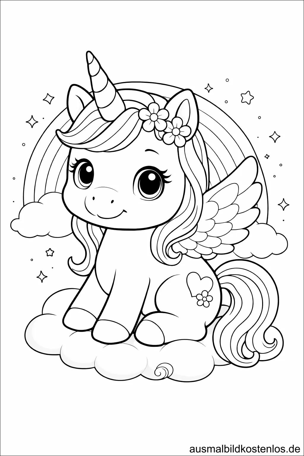 Einhorn auf Wolke - gratis Ausmalbild
