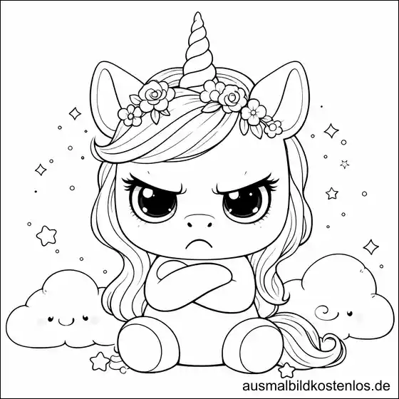 Grimmiges Einhorn auf Wolken - gratis Ausmalbild