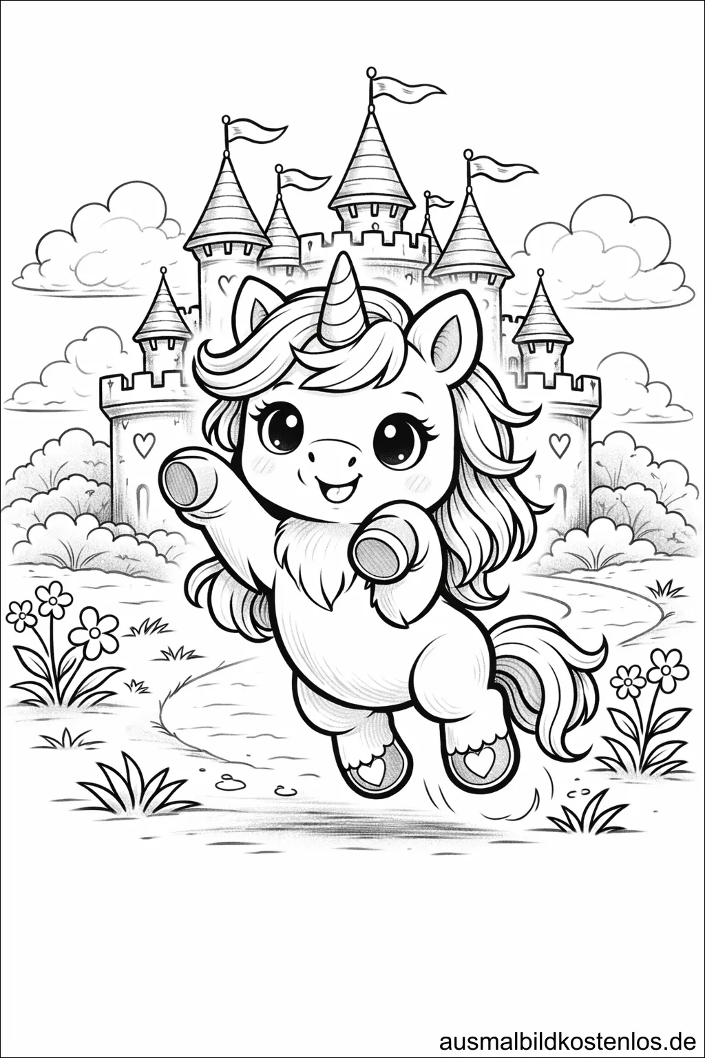 Kostenlose Malvorlage: Einhorn-Sprung vor Märchenschloss