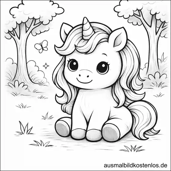 Ausmalbild Einhorn Zauberwald Schmetterling kostenlos
