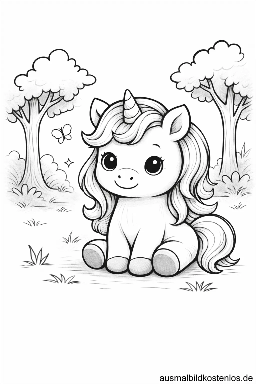 Ausmalbild Einhorn Zauberwald Schmetterling kostenlos