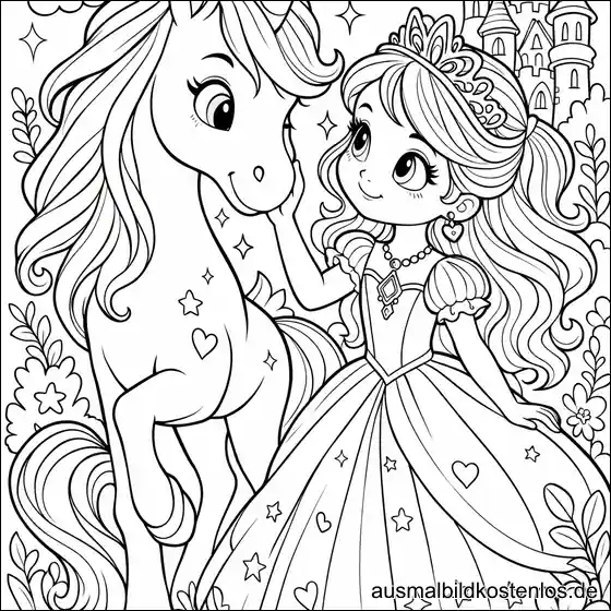 Prinzessin mit Einhorn vor dem Schloss - kostenlose Malvorlage