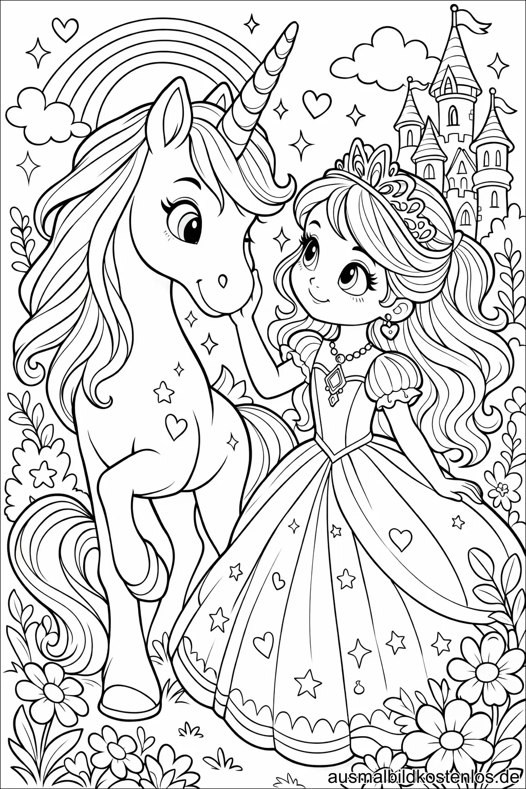 Prinzessin mit Einhorn vor dem Schloss - kostenlose Malvorlage