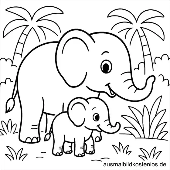 Ausmalbild Elefant-Mama mit Elefant-Kind auf Lichtung im Wald