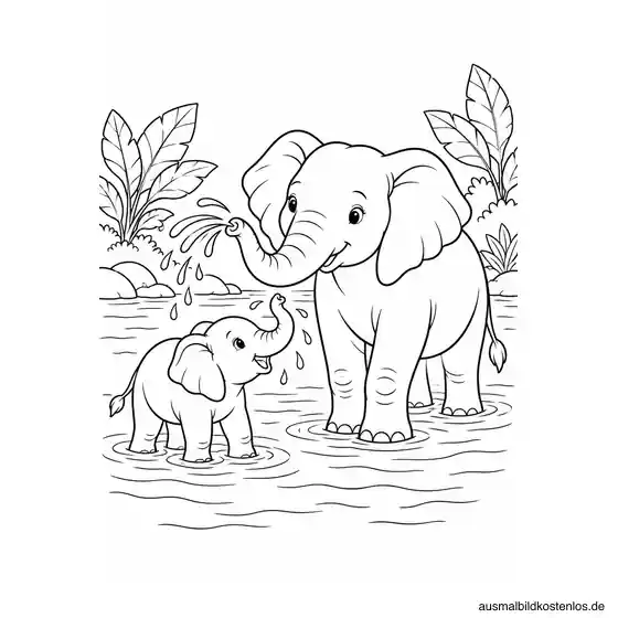 Erwachsener Elefant und Kalb baden im flachen See mit Wellen und breiten Uferblättern.