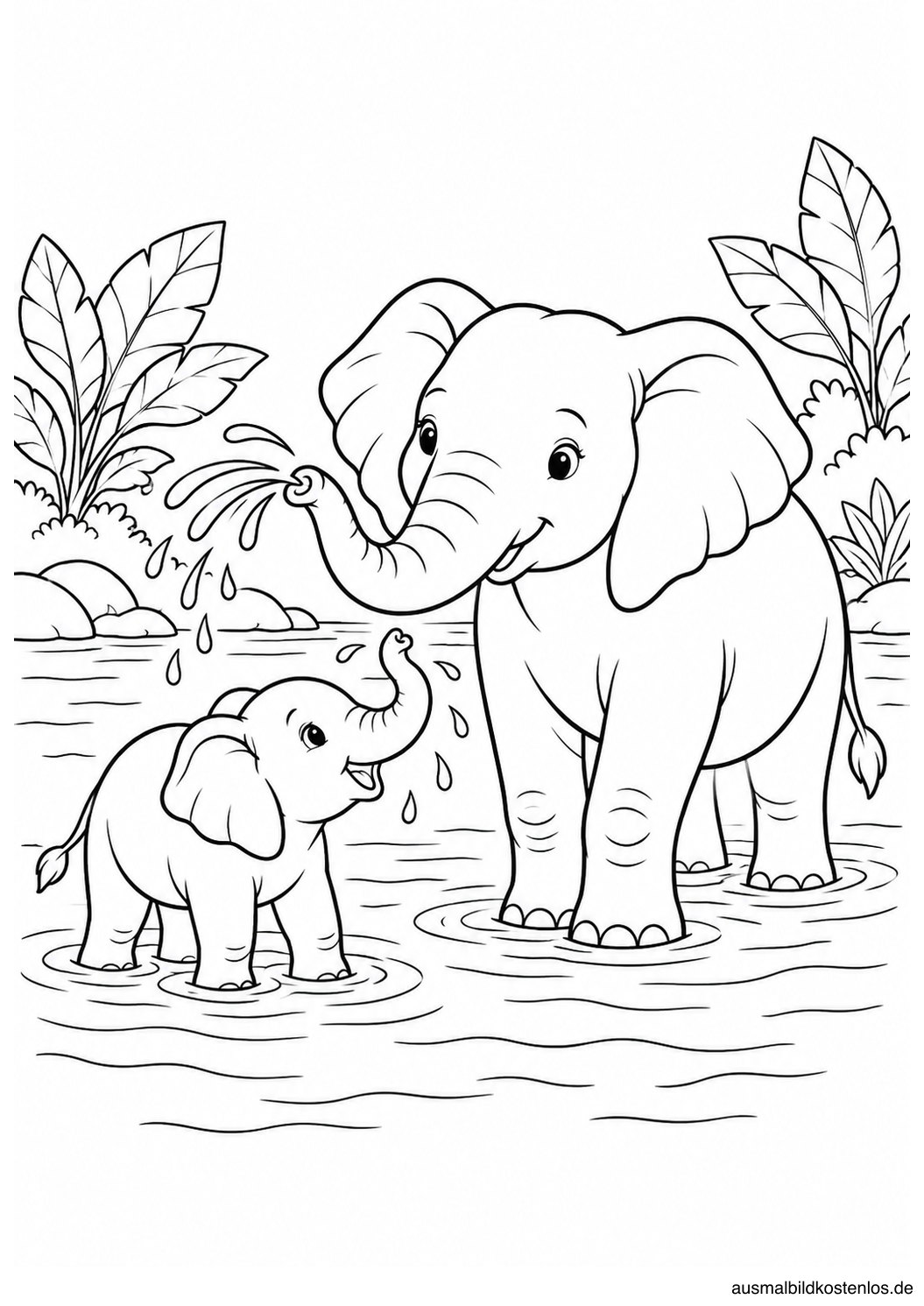 Erwachsener Elefant und Kalb baden im flachen See mit Wellen und breiten Uferblättern.