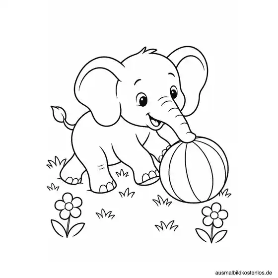 Elefantenbaby schiebt einen gestreiften Ball über eine Wiese mit zwei Blumen.