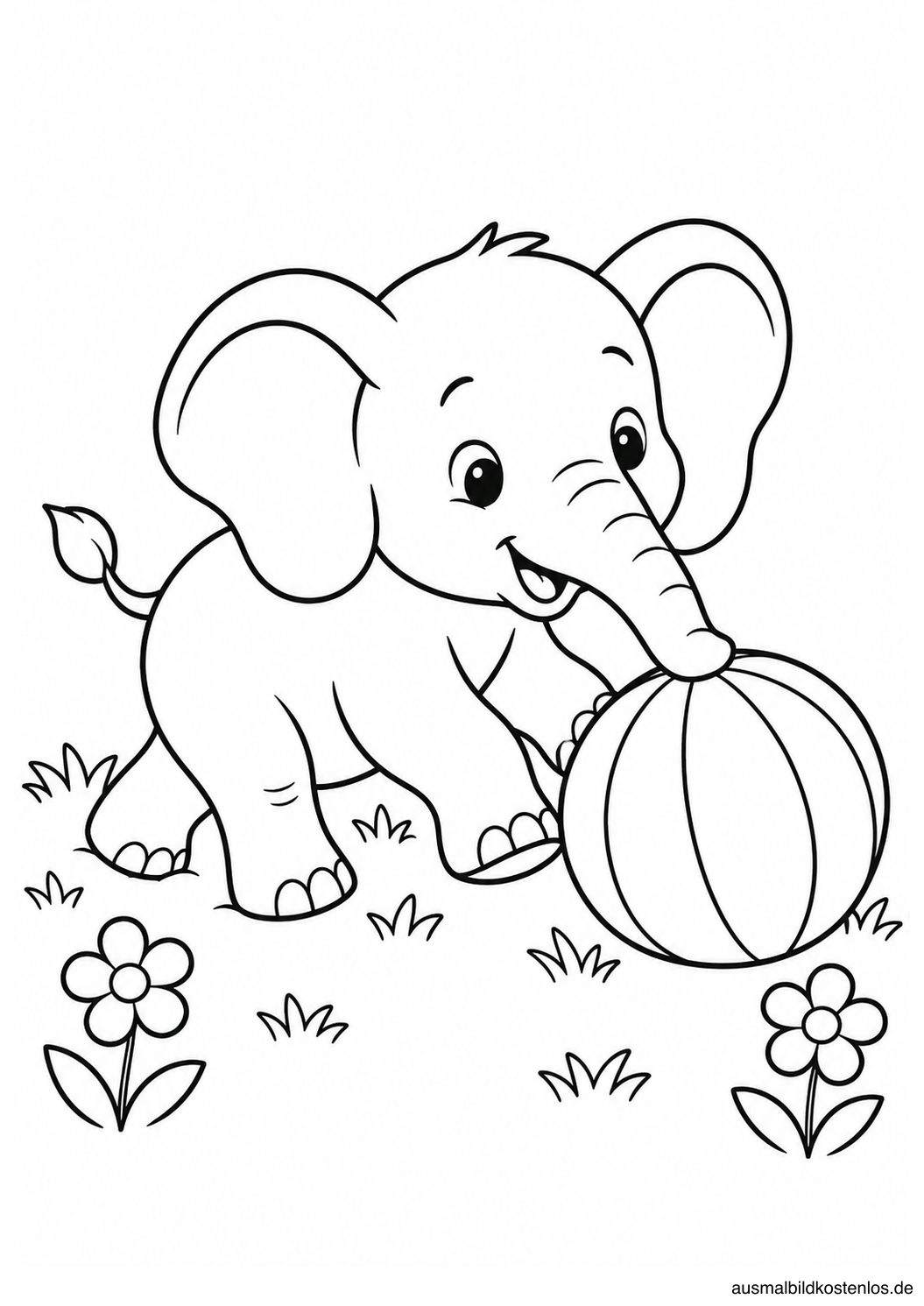 Elefantenbaby schiebt einen gestreiften Ball über eine Wiese mit zwei Blumen.