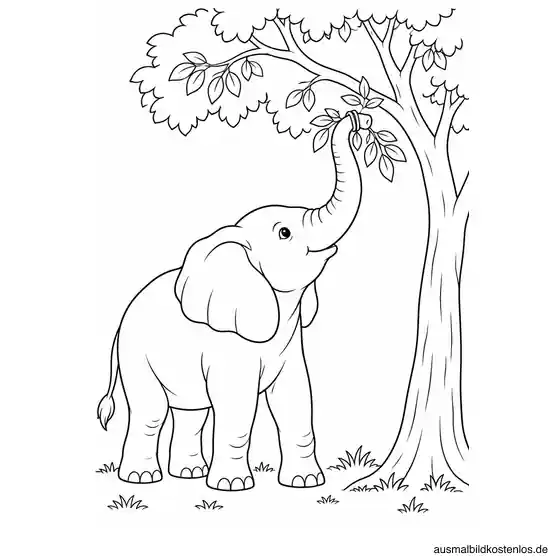 Elefant greift mit erhobenem Rüssel nach einem belaubten Ast an einem großen Baum.