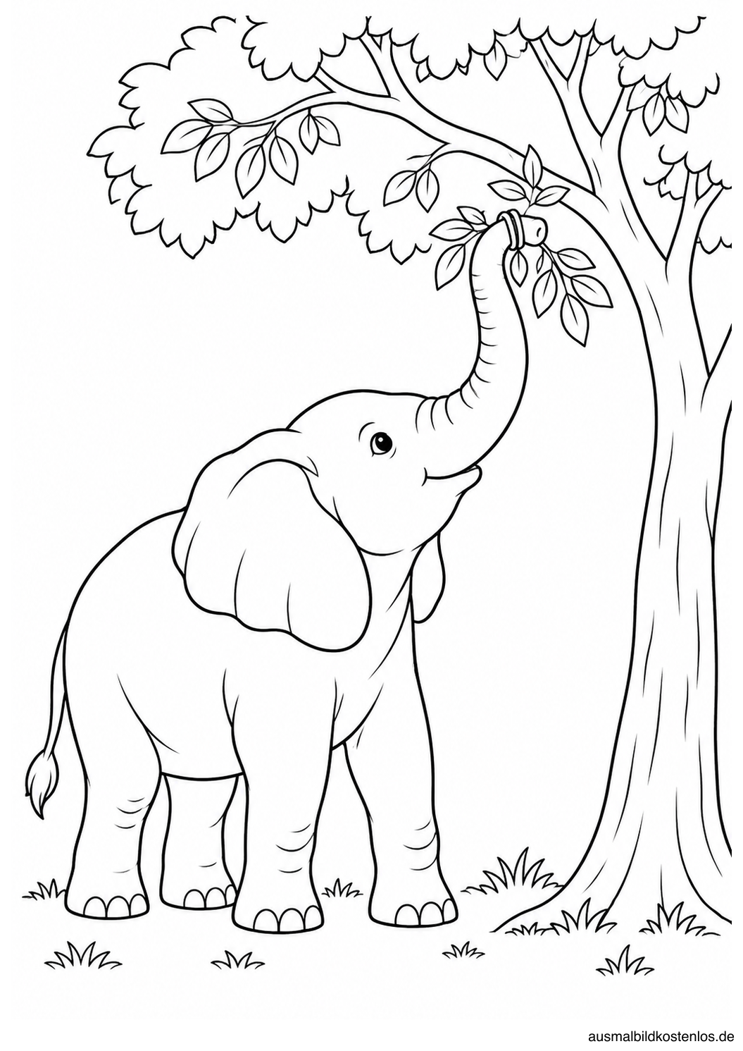 Elefant greift mit erhobenem Rüssel nach einem belaubten Ast an einem großen Baum.