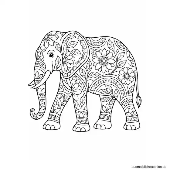 Elefant im Seitenprofil mit dekorativen Blüten-, Blatt- und Bogenmustern im Körper.
