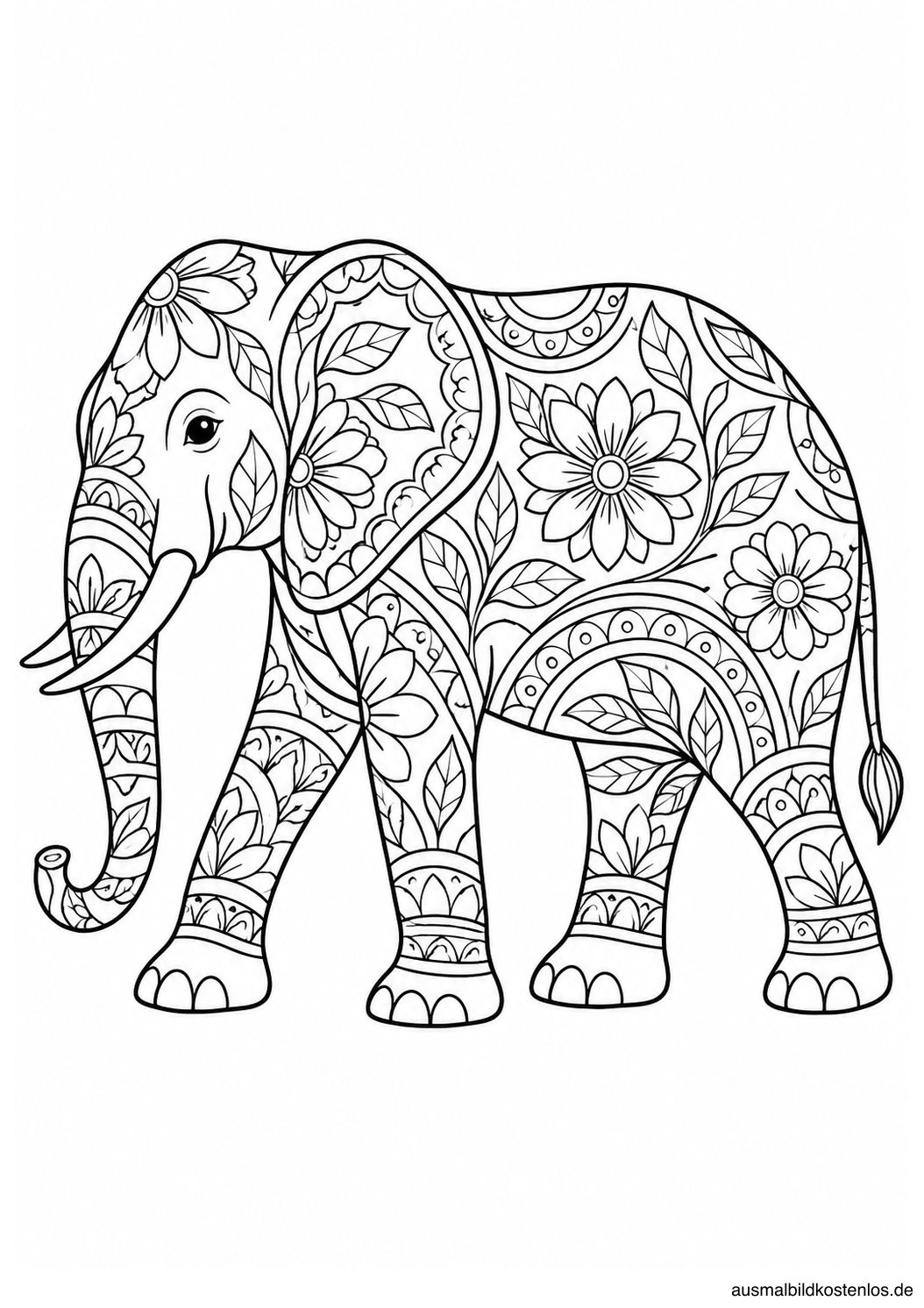 Elefant im Seitenprofil mit dekorativen Blüten-, Blatt- und Bogenmustern im Körper.