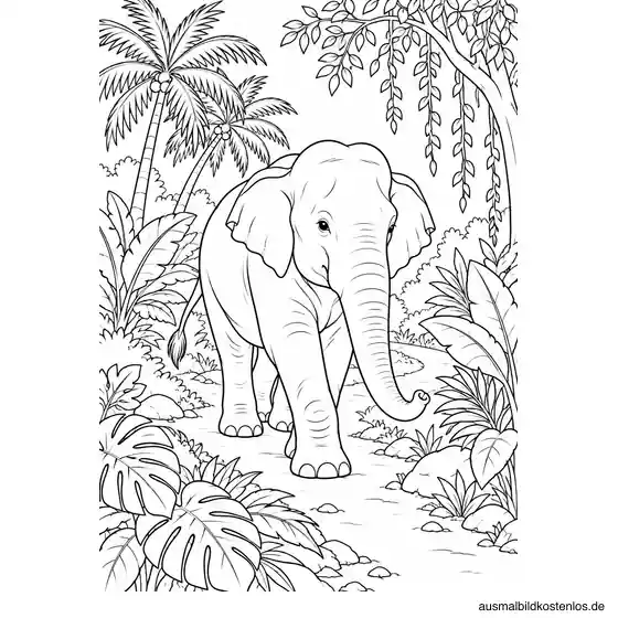 Asiatischer Elefant auf einem gewundenen Dschungelpfad zwischen Palmen und großen Blättern.