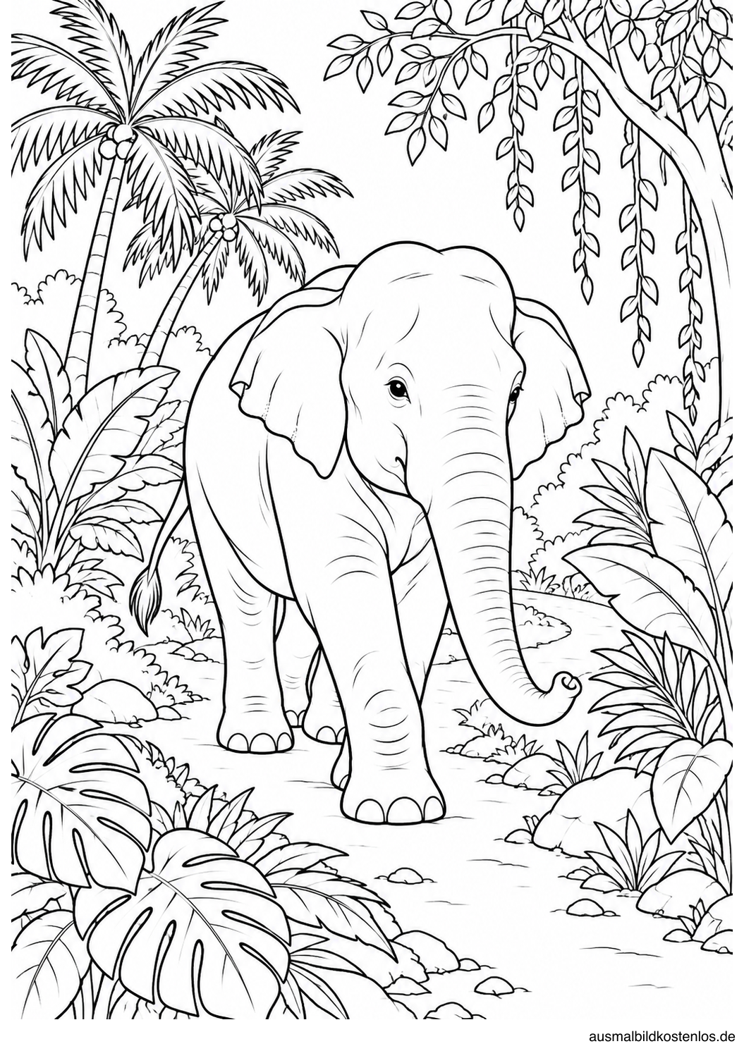 Asiatischer Elefant auf einem gewundenen Dschungelpfad zwischen Palmen und großen Blättern.