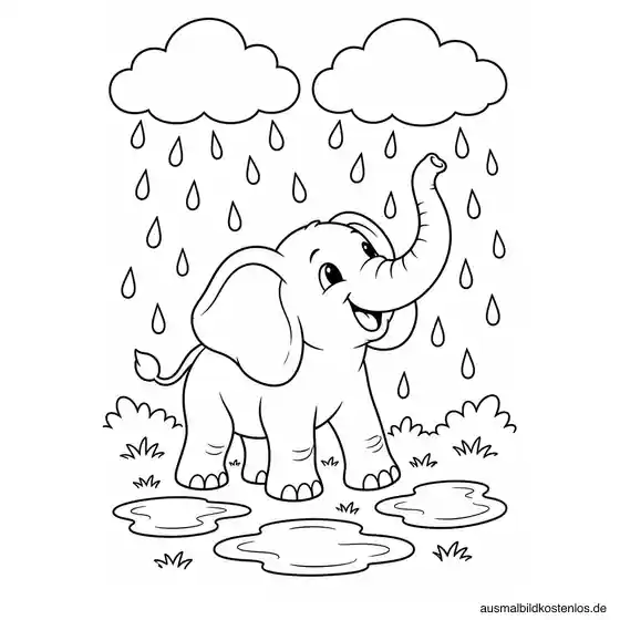 Elefant mit erhobenem Rüssel unter zwei Regenwolken, umgeben von Tropfen und drei Pfützen.