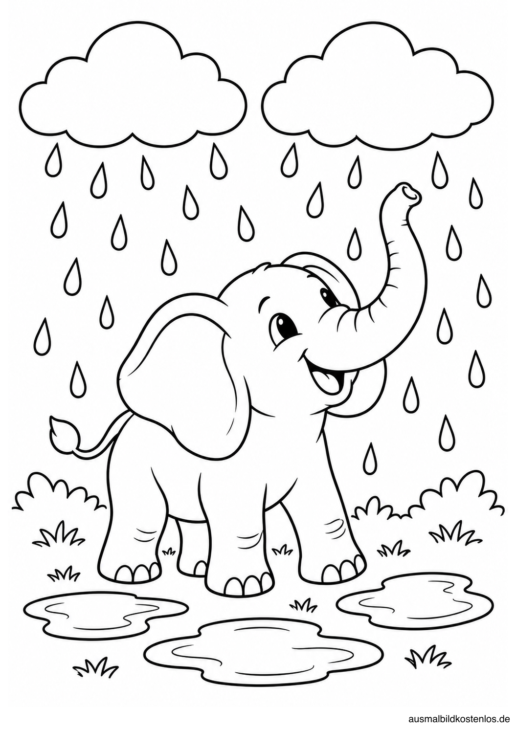 Elefant mit erhobenem Rüssel unter zwei Regenwolken, umgeben von Tropfen und drei Pfützen.