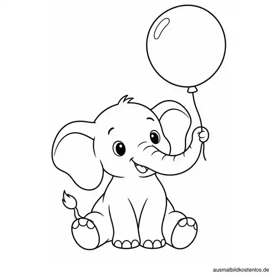 Sitzendes Elefantenbaby hält die Schnur eines großen runden Luftballons mit dem Rüssel.