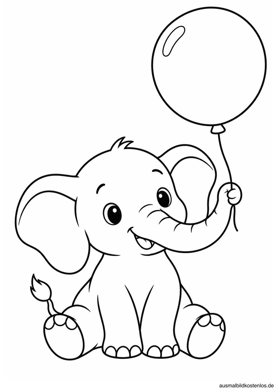 Sitzendes Elefantenbaby hält die Schnur eines großen runden Luftballons mit dem Rüssel.