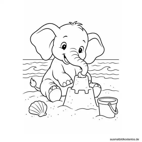 Elefantenbaby baut am Strand einen Sandturm neben Muschel und Eimer vor einfachen Meereswellen.
