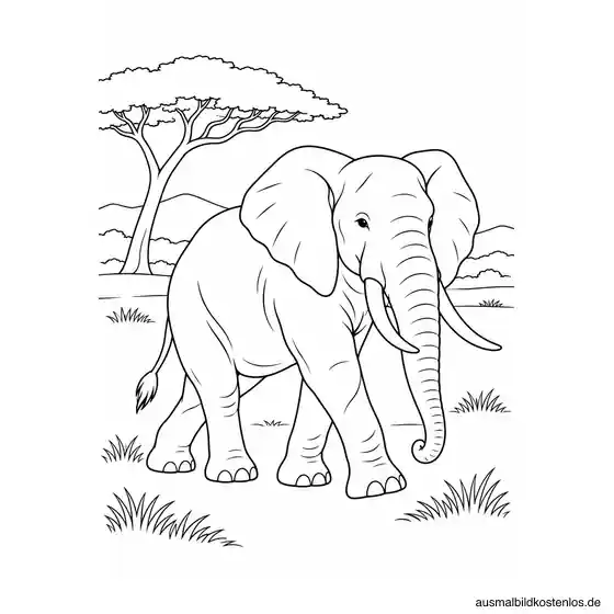 Elefant in einer weiten Savannenlandschaft mit Akazie, niedrigen Hügeln und Grasinseln.
