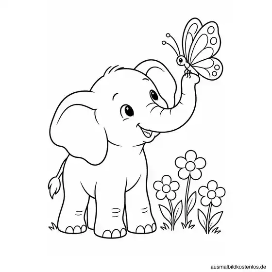Junger Elefant betrachtet einen Schmetterling auf der Rüsselspitze; daneben stehen drei Blumen.