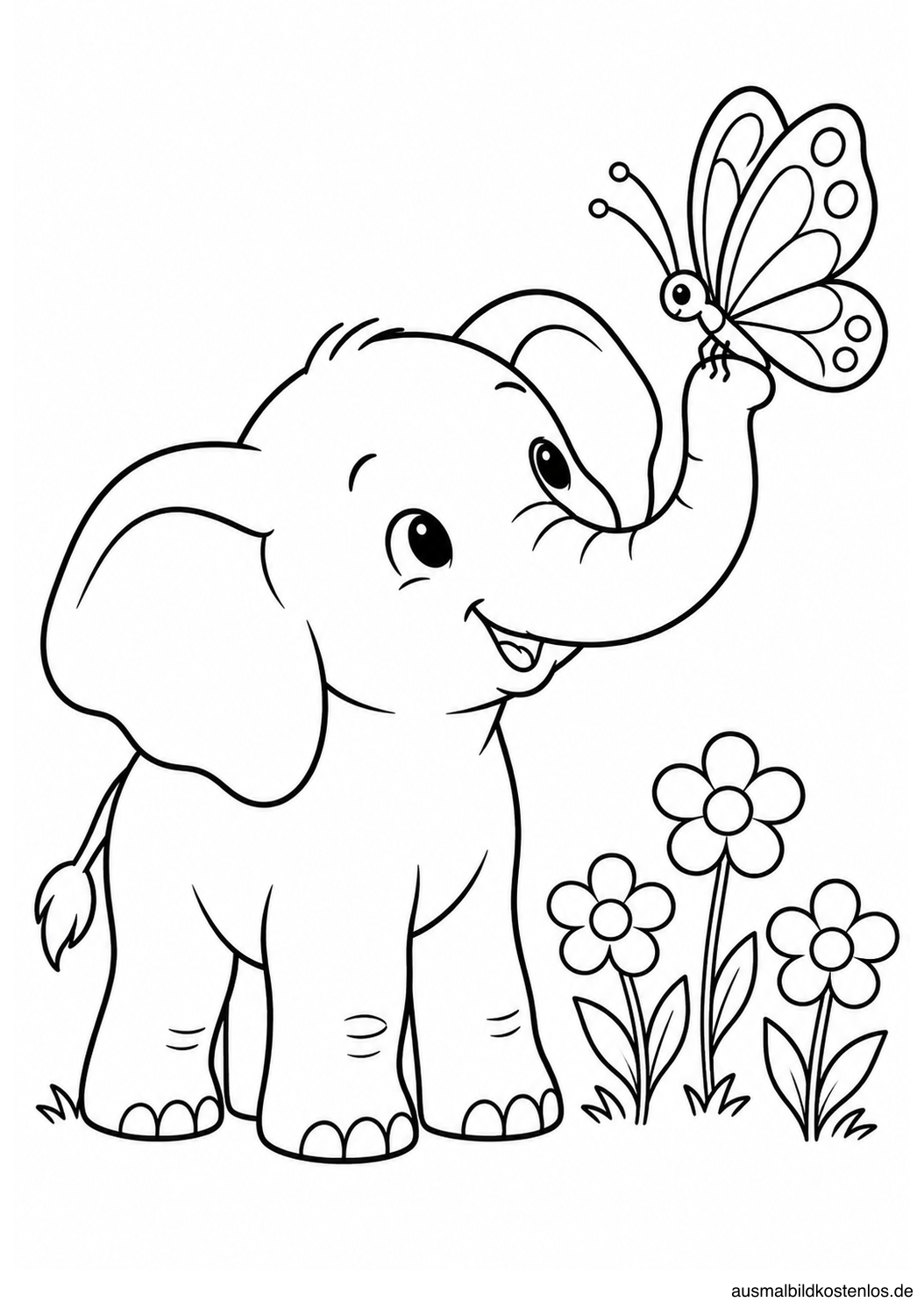 Junger Elefant betrachtet einen Schmetterling auf der Rüsselspitze; daneben stehen drei Blumen.