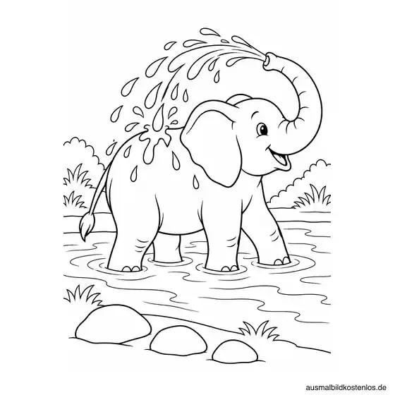 Elefant spritzt Wasser über seinen Rücken; am Wasserloch liegen drei Steine.