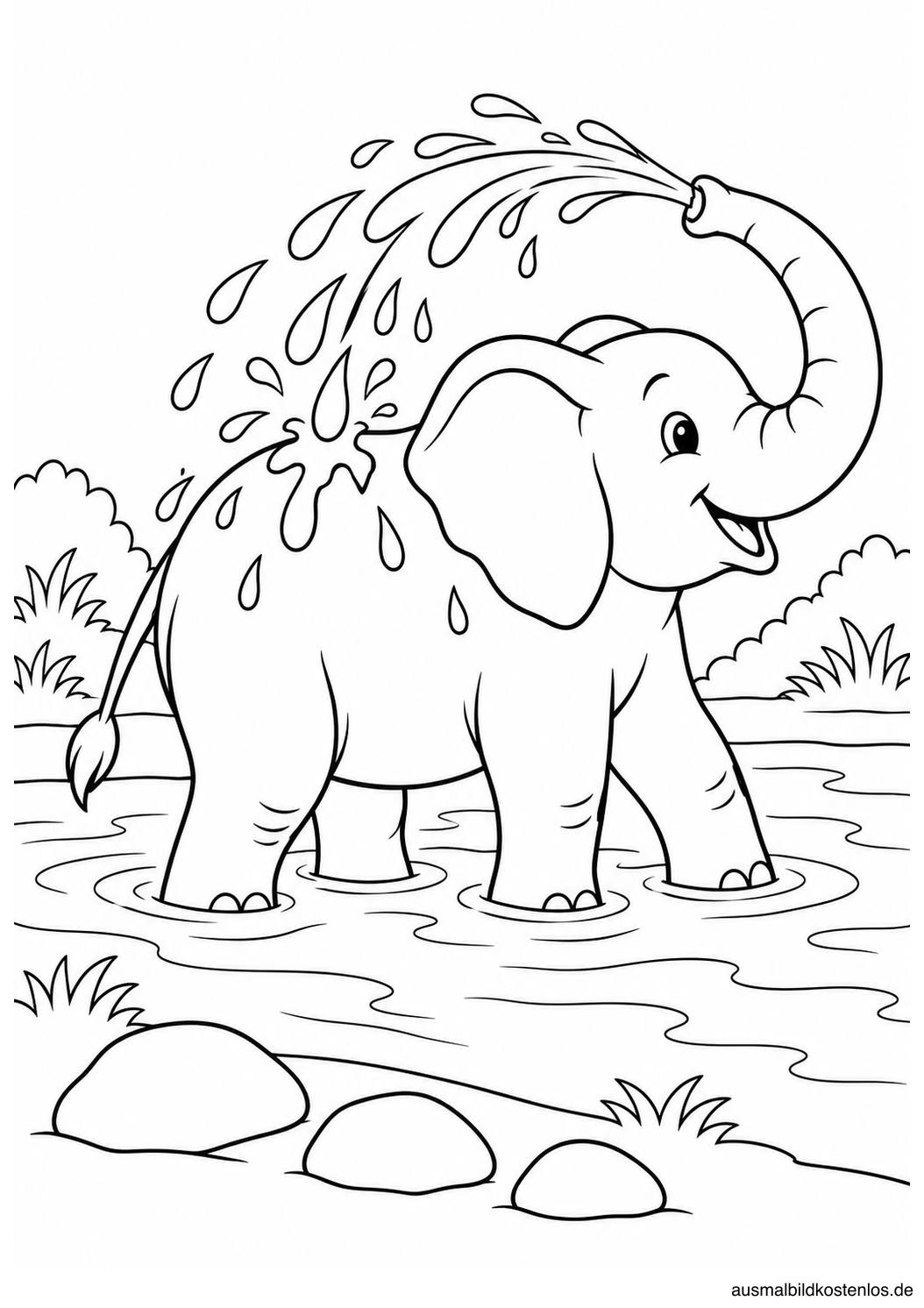 Elefant spritzt Wasser über seinen Rücken; am Wasserloch liegen drei Steine.