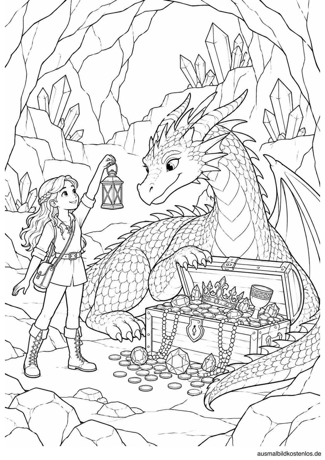 Entdeckerin mit hochgehaltener Laterne neben einem Drachen, einer offenen Schatztruhe und Kristallen.